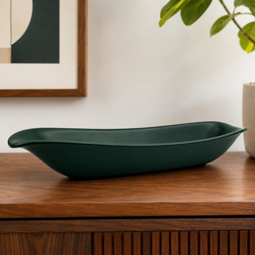 Vintage Hyalyn Pottery 348 Green Console Relish Bowl 17" Matte USA MCM